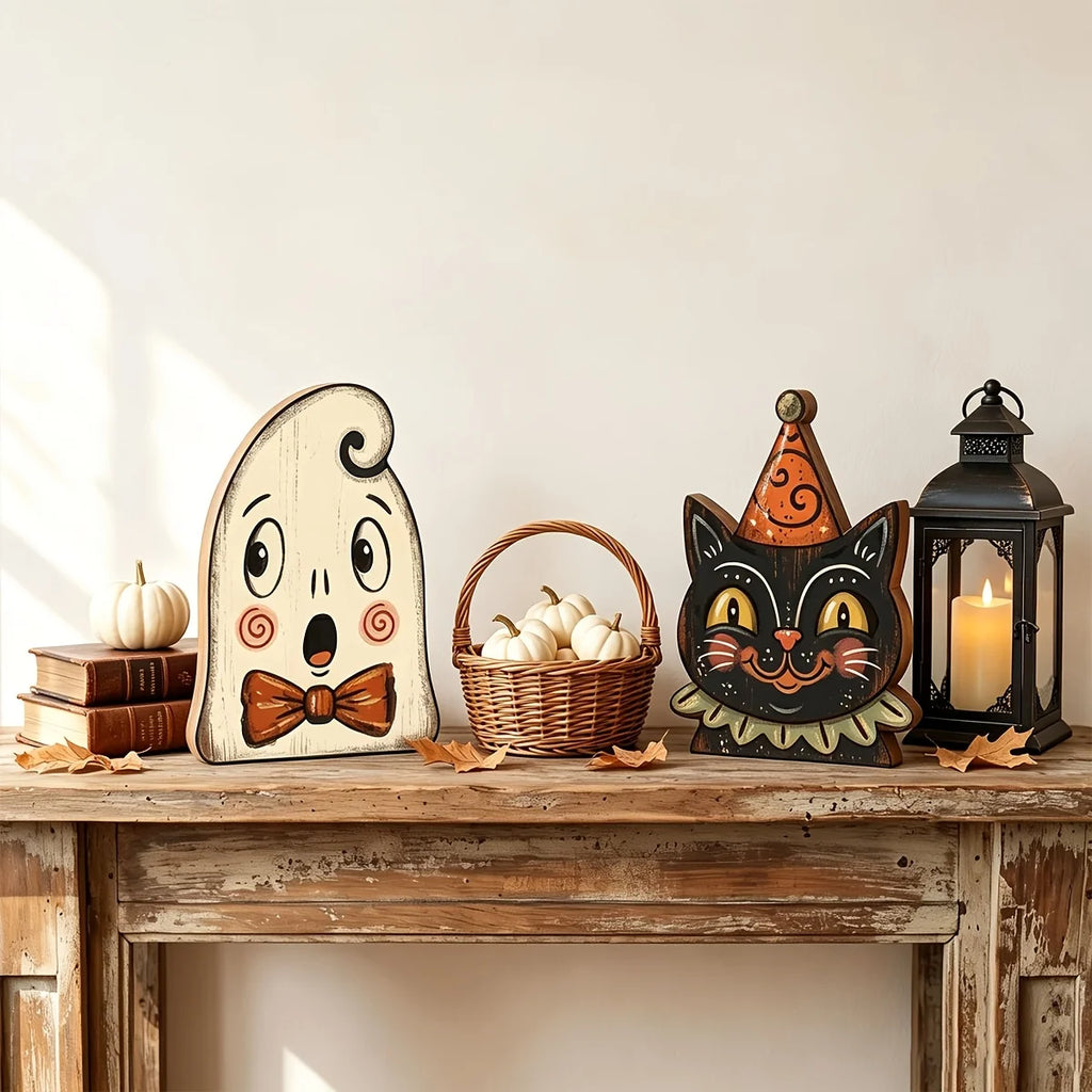Décoration Halloween Rétro en Bois - Bloc Décoratif Fantôme, Citrouille, Chat Noir pour Étagère, Idée Cadeau