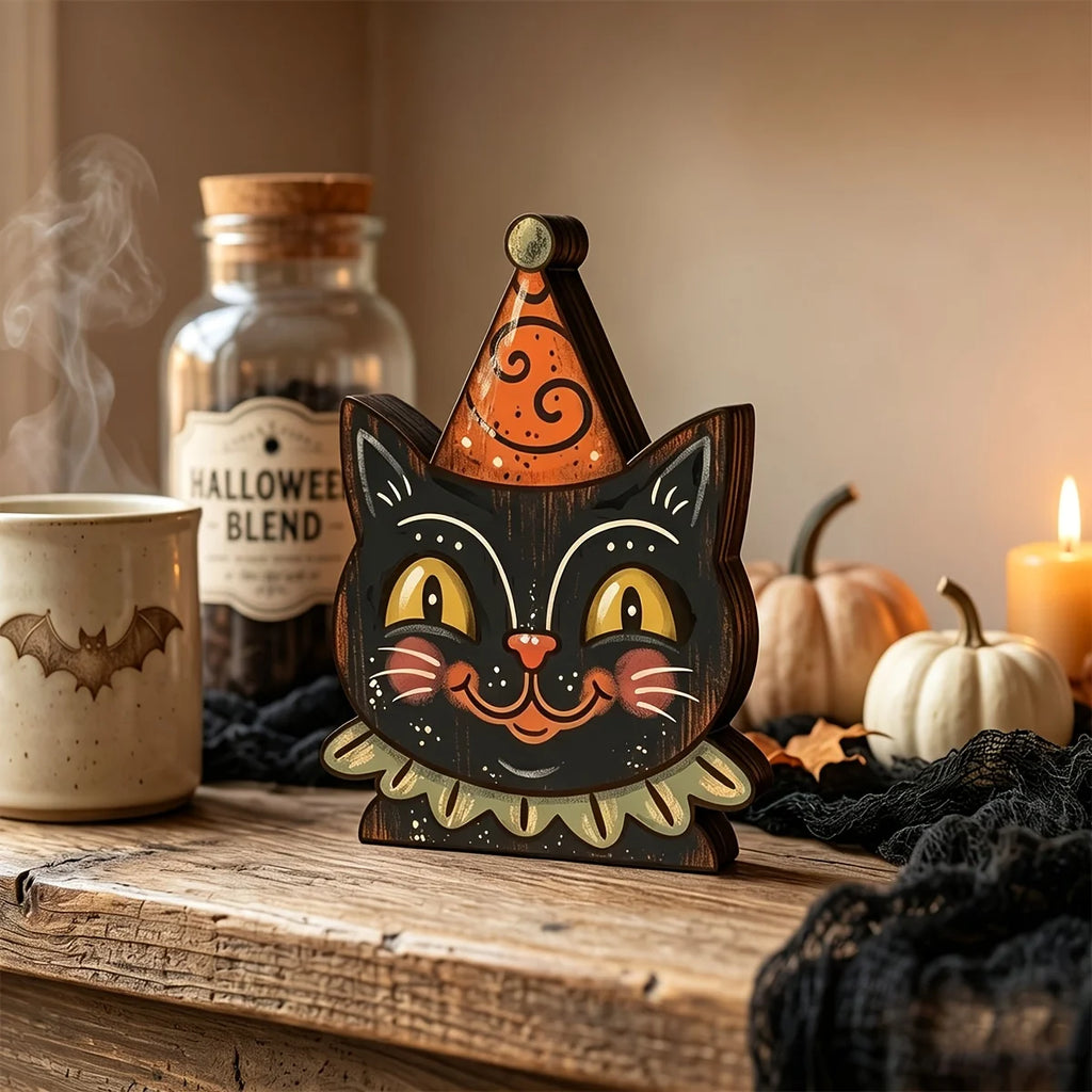 Décoration Halloween Rétro en Bois - Bloc Décoratif Fantôme, Citrouille, Chat Noir pour Étagère, Idée Cadeau