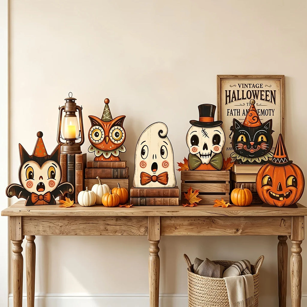 Décoration Halloween Rétro en Bois - Bloc Décoratif Fantôme, Citrouille, Chat Noir pour Étagère, Idée Cadeau