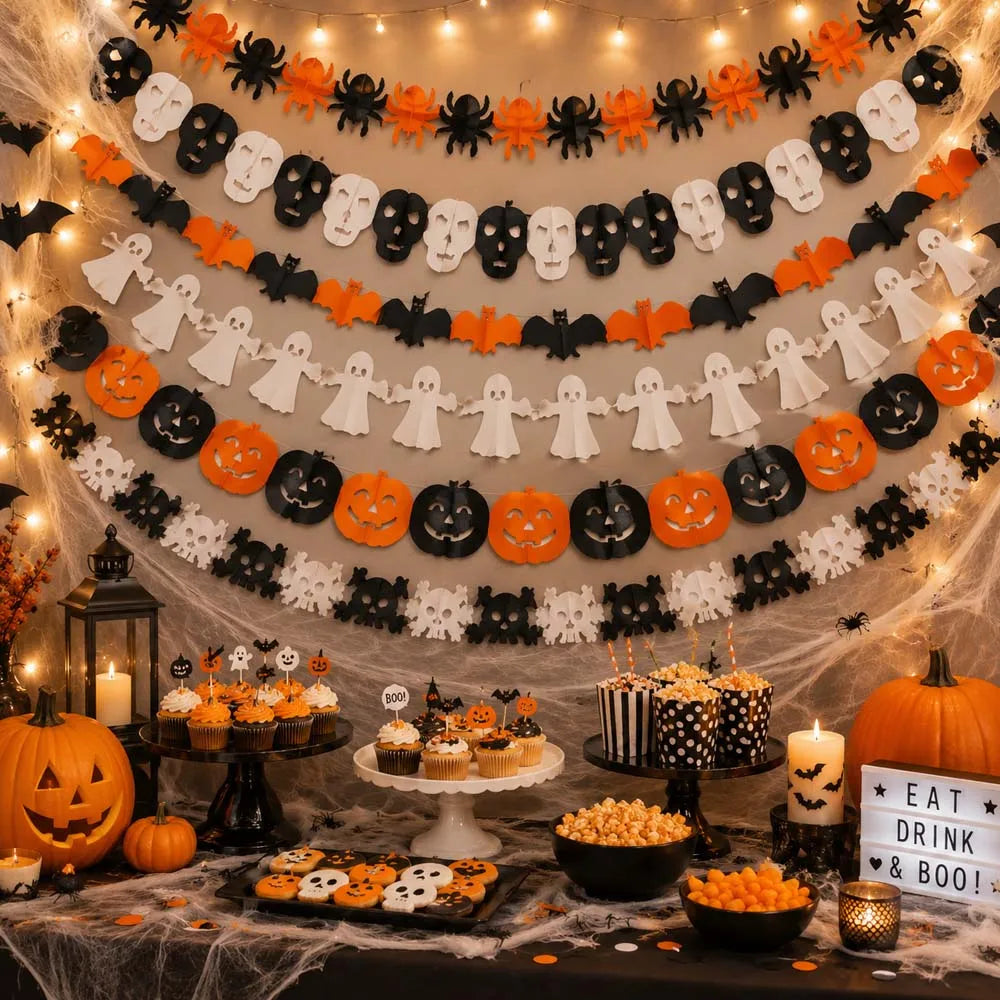 Guirlande Halloween en Papier 3M - Bannière Décorative à Suspendre, Intérieur/Extérieur, Décoration Maison Hantée