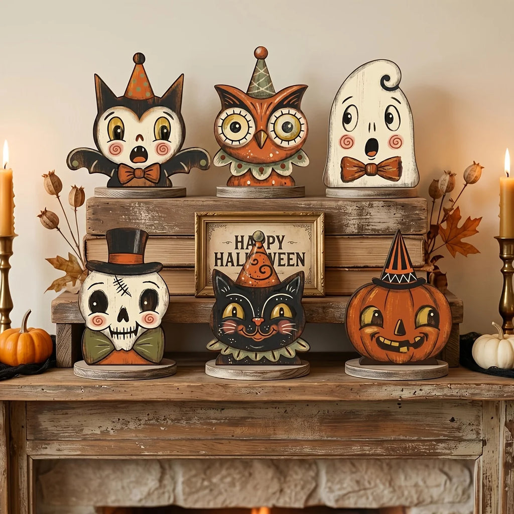 Décoration Halloween Rétro en Bois - Bloc Décoratif Fantôme, Citrouille, Chat Noir pour Étagère, Idée Cadeau